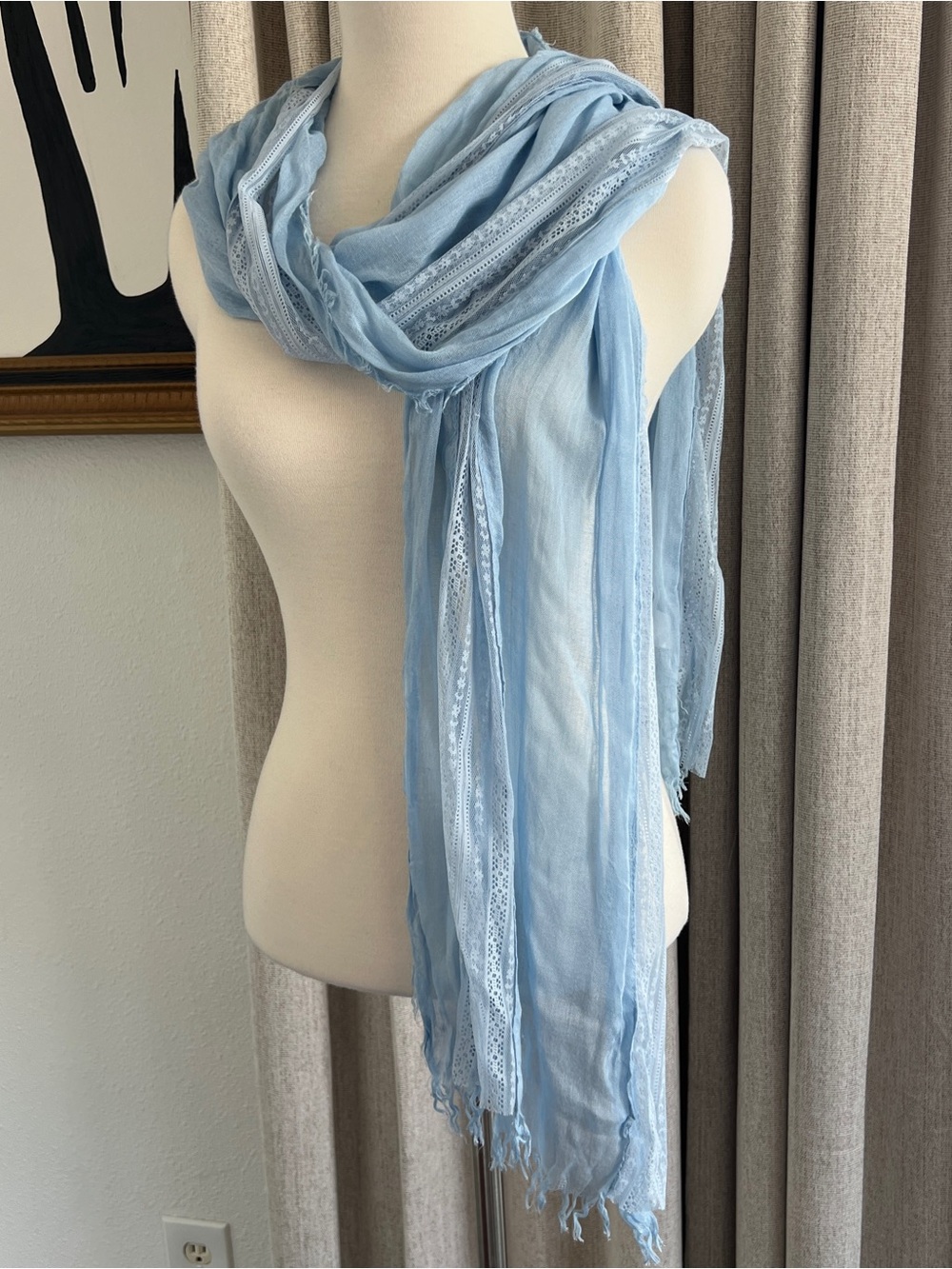 Maurices Light Blue Scarf Lace Panel Fringe Hem Lightweight Rayon NWT Women's OS